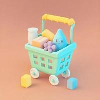 personagem de ícone de carrinho de compras 3d bonito e caprichoso perfeito para e-commerce, projetos de varejo, ícones de sites, botões de aplicativos, materiais de marketing. design adorável de desenho animado, cores alegres foto