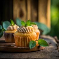 cupcakes de mel e caramelo com creme em imagens de ilustração de mesa de madeira geradas por ai foto