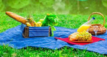 cesta de piquenique com frutas, pão e garrafa de vinho branco foto