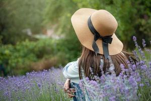 linda jovem no campo de lavanda. foto