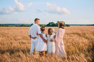 família feliz jogando em um campo de trigo foto