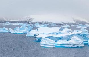 águas calmas e frias da lagoa do mar antártico com enormes icebergs azuis à deriva, porto charcot, ilha de cabine, península antártica