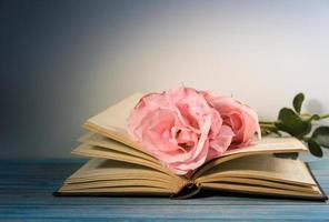 rosas cor de rosa e livros em madeira rústica foto