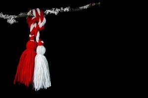 um martisor amarrado em um galho em um fundo preto foto