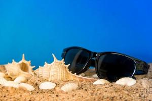 fundo minimalista representando o verão com caracóis amêijoas óculos e areia no céu foto
