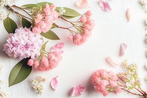 lindas flores cor de rosa em fundo branco de madeira, conceito de dia dos namorados com espaço de cópia foto