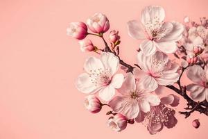 flores de cerejeira em plena floração em um espaço de cópia de fundo rosa foto