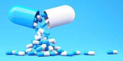 cápsulas de comprimidos de remédios caindo com fundo azul., plano de saúde e ilustração 3d médica foto