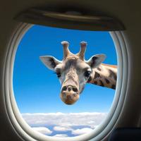 girafa olhando para você fora da janela do avião voando no céu azul foto