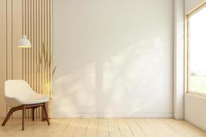 quarto vazio minimalista decorado com janelas emolduradas de madeira e parede de ripas de madeira. poltrona e piso de madeira. renderização 3D. foto