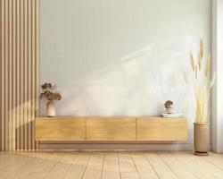 sala estilo japandi decorada com armário de tv em madeira e parede de ripas de madeira. renderização 3D