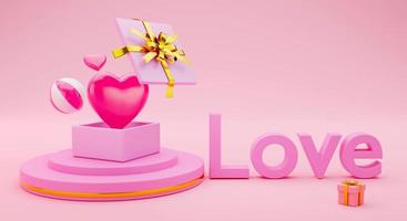 Corações de renderização 3D e caixas de presente no pódio e texto amor conceito dia dos namorados foto