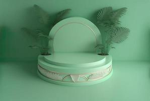 Ilustração 3D realista do pódio verde pastel com folha ao redor para o estande do produto foto