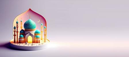 ilustração 3d da mesquita para o banner do ramadã islâmico eid com espaço de cópia foto