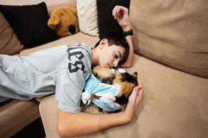 menino adolescente com sono gato em um curativo após a cirurgia. cuidado de um animal de estimação após a esterilização da operação cavitária. foto