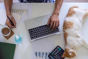 um homem trabalhando ou estudando online na sala de estar no sofá. devido a propagação do vírus covid-19. fique em casa, pare a propagação do vírus. fique seguro, trabalhando em casa e distância social. foto