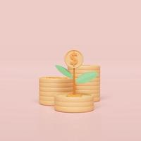 Pilha de moedas de pilha 3D isolada em fundo rosa pastel. sucesso financeiro e crescimento ou conceito de economia de dinheiro, ilustração de renderização 3d foto