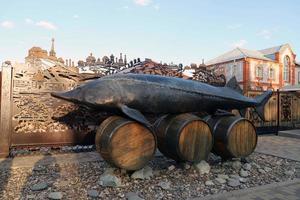 tetyushi. Tartaristão. Rússia. 02 de maio de 2022. museu da história da pesca. a escultura do maior peixe beluga que os pescadores pescaram aqui. foto