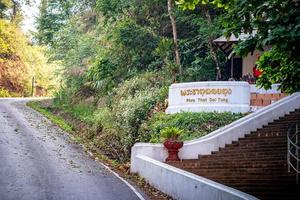 banner de texto dourado na frente da escada, língua tailandesa significa phra that doi tung, é o nome do famoso lugar e templo na província de chiang rai, ao norte da tailândia. foto