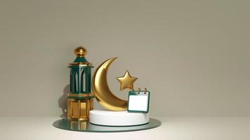 cena de renderização 3d moderna com mesquita, estrela dourada e almofada para colocar texto ou data. pódio branco com crescente para banner de publicidade de joias. modelo de saudação para Ramadan Kareem foto