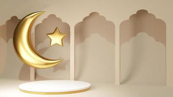 3d render pódio simples com decoração árabe para banner publicitário. crescente dourado turco e estrela perto do carrinho de joias. pedestal de exibição do produto com arco para eid mubarak foto