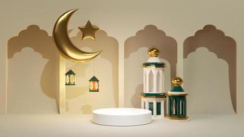 Cena de renderização 3D para o fundo do pódio do produto Ramadan Kareem. pedestal árabe com lua, estrela, latern e mesquita. pedesral dourado e verde para apresentação de joias com parede bege foto
