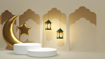 eid 3d render pódio de joias com fundo bege e lanternas verdes. pedestal duplo para banner de venda de saudações. modelo turco para publicidade com lua dourada e estrela foto