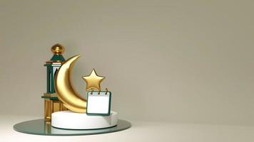 Pódio do ramadã 3d com crescente dourado e estrela. pedestal com calendário em fundo muçulmano para eid. palco de joias perto da mesquita verde foto