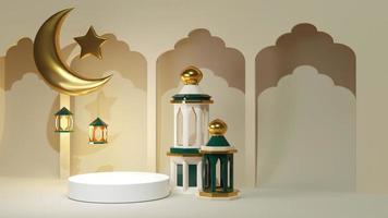 Maquete de renderização 3D com arco islâmico, pedestal e crescente. porta-joias branco com decoração muçulmana e árabe. ilustração do ramadã para banner de venda com pódio foto