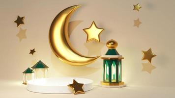 maquete de publicidade turca com crescente dourado e estrelas. mesquita verde e lanterna perto do pódio de exibição do produto. modelo de suporte de joias foto
