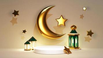 Pódio branco de renderização 3D para o banner de celebração do Ramadã Kareem. porta-jóias islâmica com decoração árabe. mesquita verde perto de lanterna e crescente dourado foto