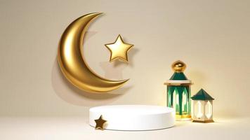 Cena de renderização 3D com suporte e pódio do produto Ramadan Kareen. crescente dourado com estrelas no fundo muçulmano. parede bege com lanterna verde e faixa de luz suave foto