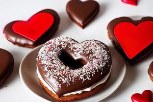 fotografia de um donut em forma de coração de chocolate com chocolate, amor, coração, dia dos namorados, foto