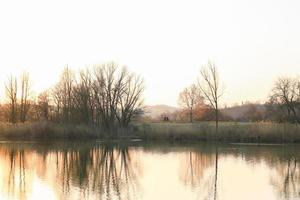 as pessoas estão andando de bicicleta em uma estrada rural ao pôr do sol ao longo do rio danúbio em regensburg, alemanha, europa. foto