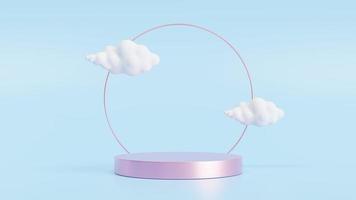 renderização 3D em fundo azul com pedestal roxo e cena de nuvem mínima isolada. foto