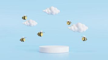 uma abelhinha voa em uma nuvem branca e pódio vazio. em um fundo azul isolado. renderização 3D. foto