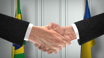 a diplomacia do brasil e da ucrânia negociam a ilustração 3d. aperto de mão parceiro empresário. bandeira nacional no fundo foto