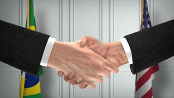 negócio de parceria brasil e eua. bandeiras do governo nacional. ilustração 3d oficial do aperto de mão da diplomacia. acordo empresário apertar as mãos foto