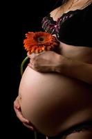 barriga de uma mulher grávida com flor. isolado foto