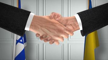 diplomacia de israel e ucrânia lidam com ilustração 3d. aperto de mão parceiro empresário. bandeira nacional no fundo foto