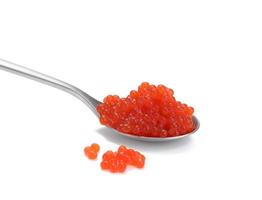 caviar de salmão vermelho granulado fresco em colher metálica, fundo branco foto