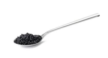 caviar de paddlefish preto em uma colher de metal em um fundo branco e isolado foto