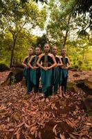 uma foto ampla de uma mulher asiática de pé juntos na floresta enquanto usava uma fantasia de dança verde com folhas mortas