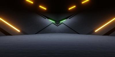 Renderização 3D do corredor da nave espacial néon brilhante fundo de concreto preto laranja. conceito de cyberpunk. cena para publicidade, showroom, tecnologia, futuro, moderno, esporte, metaverso. ilustração de ficção científica foto
