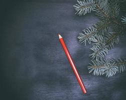 lápis de madeira vermelho e um galho verde de um abeto foto