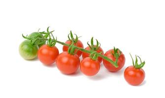 tomates maduros vermelhos em um galho verde sobre um fundo branco, vegetal saudável foto