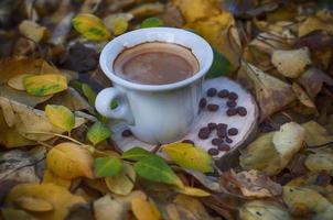 xícara de café entre as folhas amarelas caídas foto