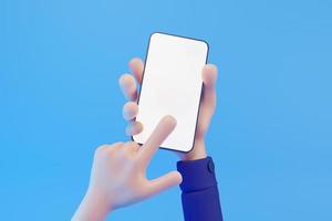 Mão de desenho animado 3D segurando tela em branco de maquete de smartphone isolada em fundo azul, mão usando maquete de telefone celular. ilustração de renderização 3D foto