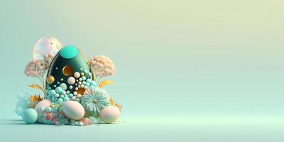 ilustração 3d abstrata de ovos de páscoa e flores com um tema de fantasia do país das maravilhas para plano de fundo e banner foto