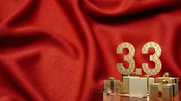 a caixa de presente 3.3 e ouro em seda vermelha para marketing ou promoção de venda renderização em 3d foto